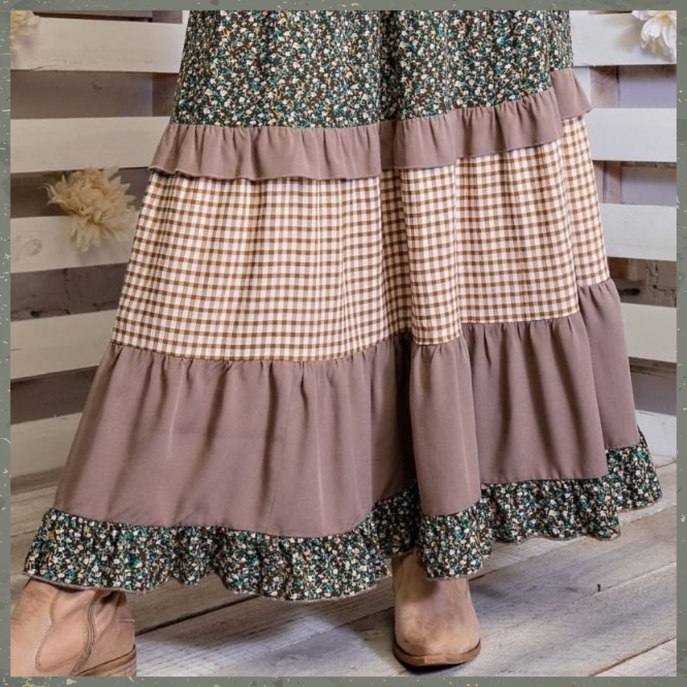 EASEL "Mix & Match" Gingham & Floral Print Ruffle Trim Tiered Maxi Skirt & Dress - Picture 5 of 16